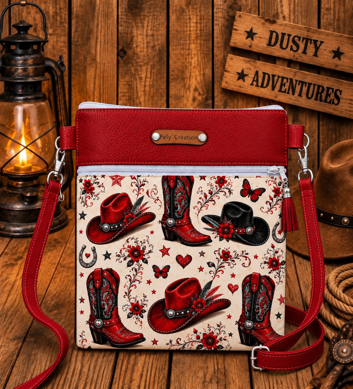 Pochette Nomade Bottes et chapeaux simili rouge