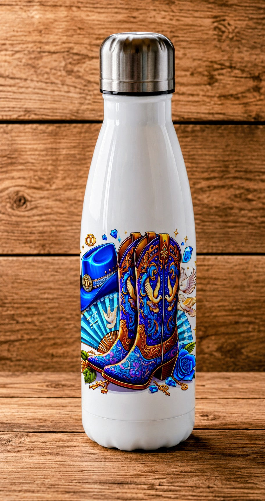 Gourde isotherme bottes turquoise et éventail