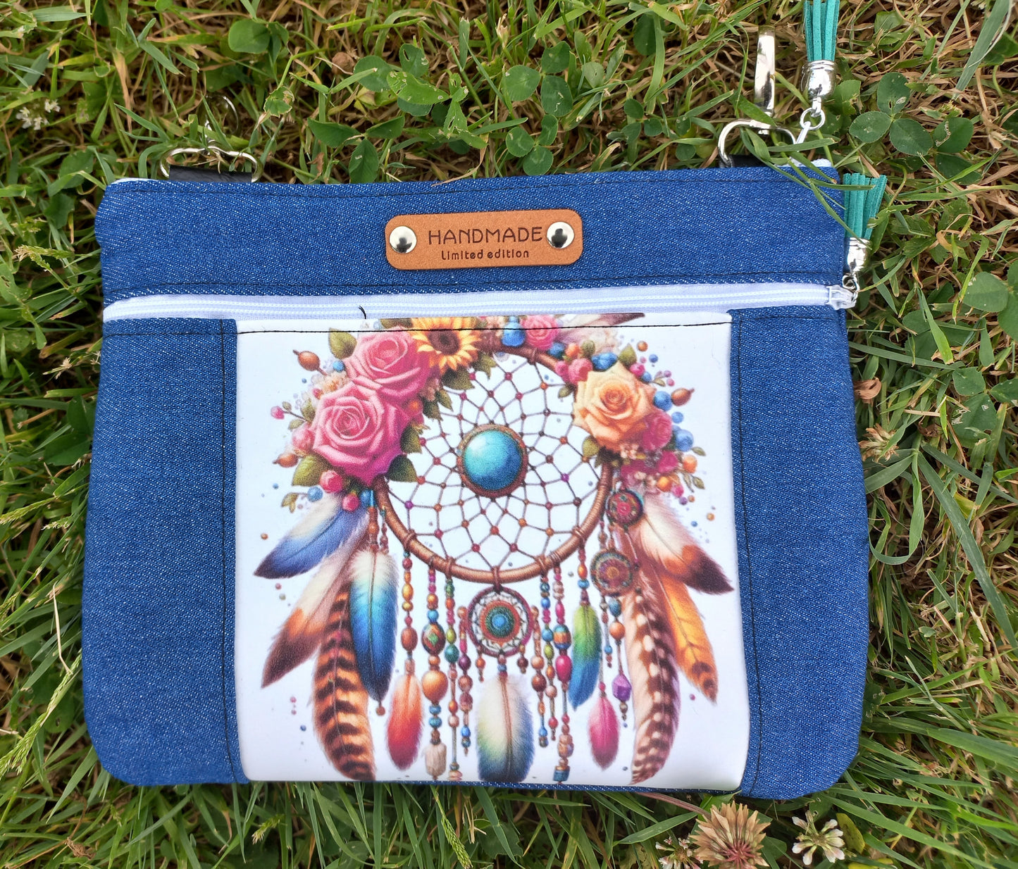 Mini pochette Attrapes rêves plumes marrons et turquoises