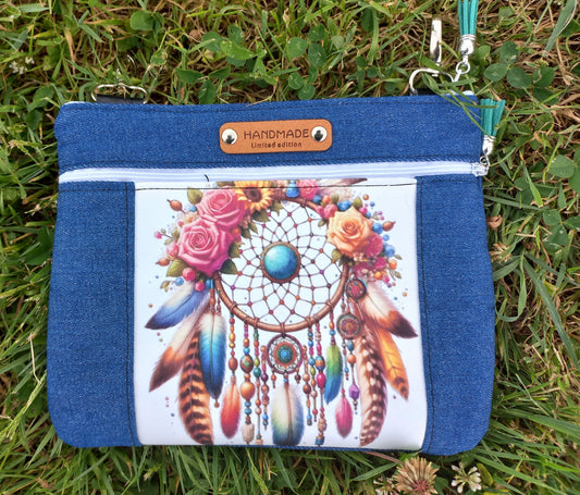 Mini pochette Attrapes rêves plumes marrons et turquoises