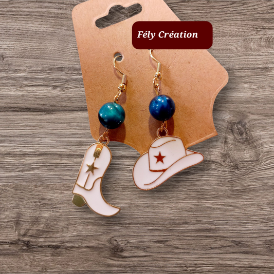 Boucles d'oreilles bottes et chapeaux Western blanc