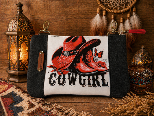 Mini pochette Cowgirl bottes rouge et jean noir