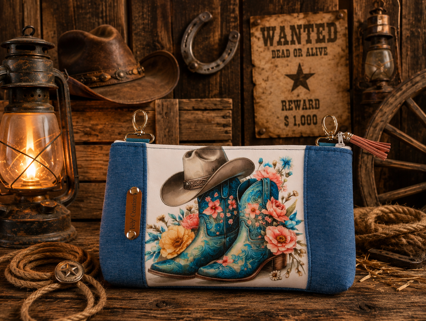 Mini pochette bottes bleu chapeau gris