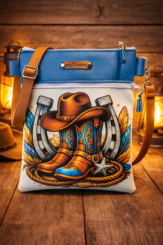 Pochette Nomade bottes et fer à cheval et plumes turquoises