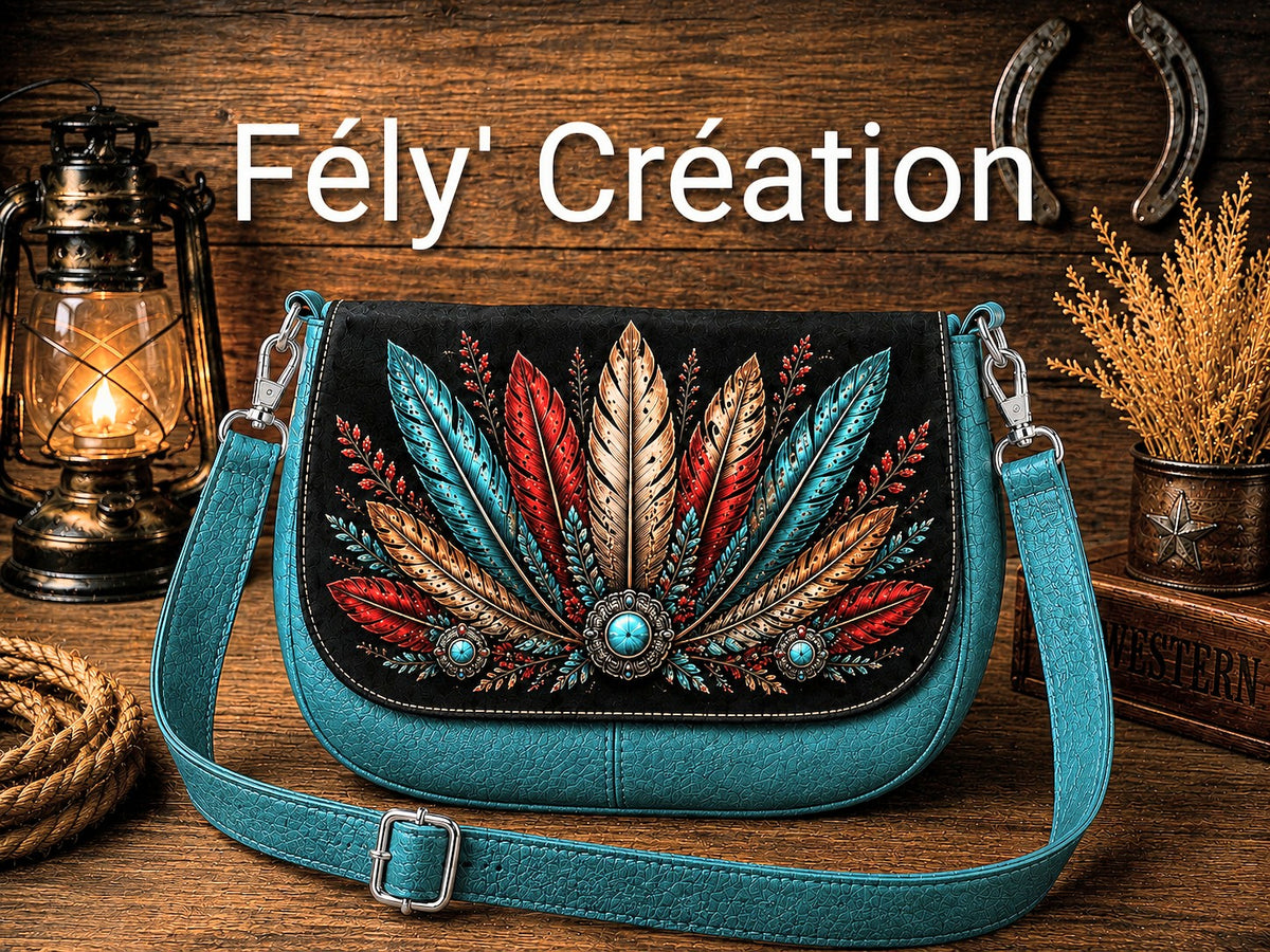 Sac à main à rabats amovibles turquoise et imprimé plumes