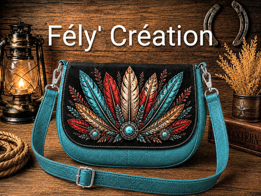 Sac à main à rabats amovibles turquoise et imprimé plumes