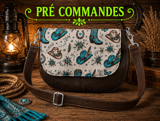 Sac à main à rabats amovibles brun et rabat turquoise