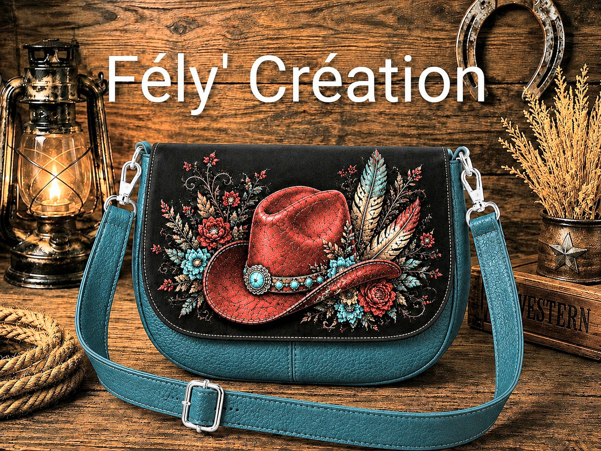 Sac a main à rabats amovibles turquoise et chapeau rouge
